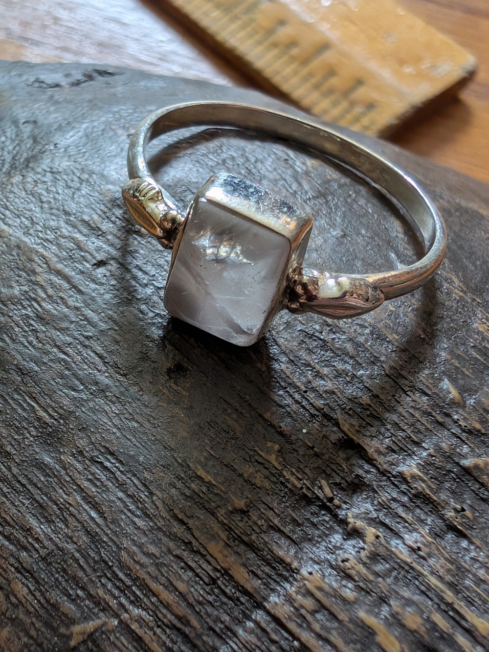 925 Sterling Silver Ring with Square Rose Quartz Stone, SZ 9